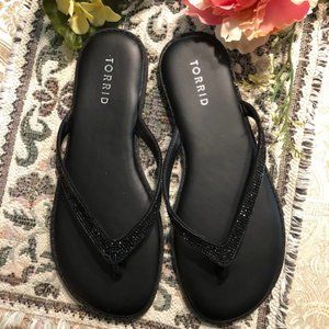 Torrid Sunnie Black Faux Leather Rhinestone Flip Flops (Size 7WW)